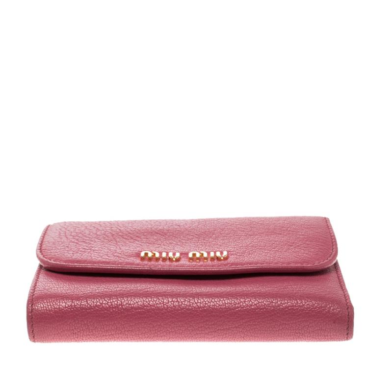 Pre Owned Miu Miu Hot Pink Leather Madras Compact Wallet