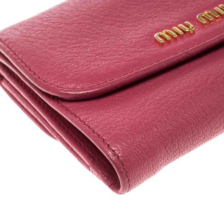 Pre Owned Miu Miu Hot Pink Leather Madras Compact Wallet