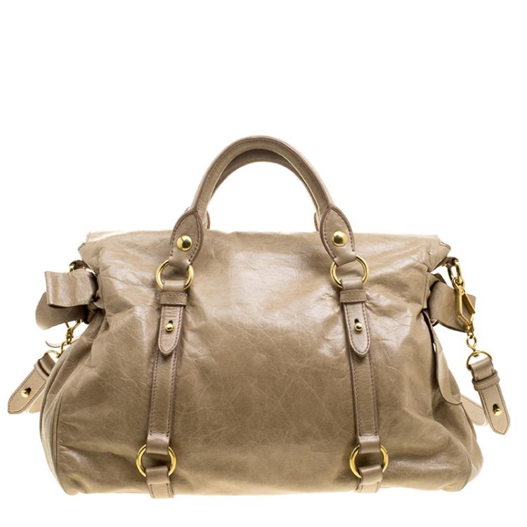 Pre Owned Miu Miu Beige Glazed Leather Bow Tote
