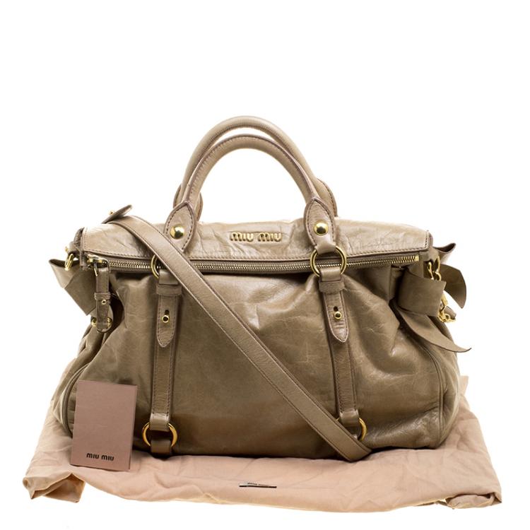 Pre Owned Miu Miu Beige Glazed Leather Bow Tote