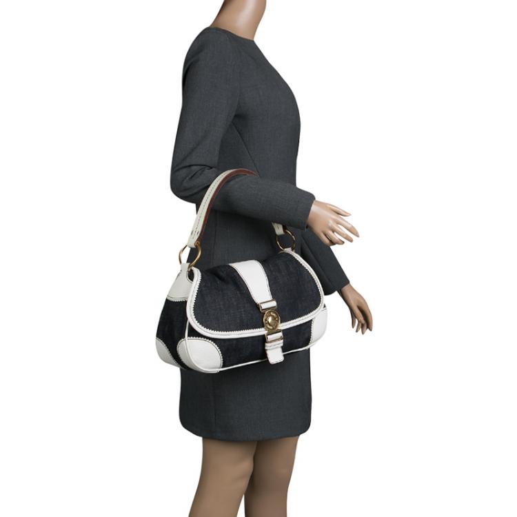 Pre Owned Miu Miu Navy Blue/White Denim and Leather Top Handle Bag