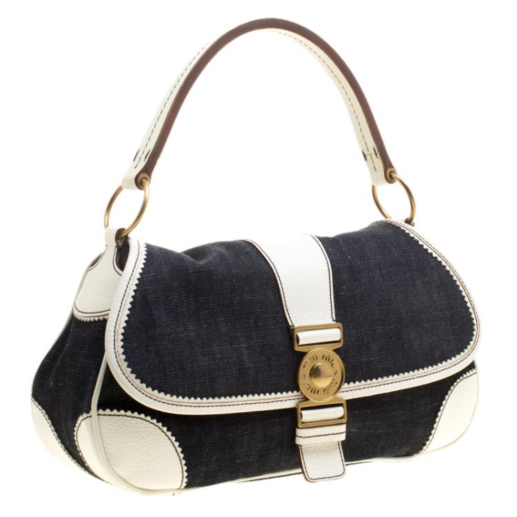 Pre Owned Miu Miu Navy Blue/White Denim and Leather Top Handle Bag