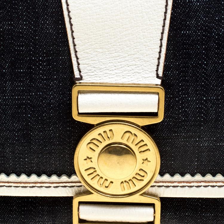 Pre Owned Miu Miu Navy Blue/White Denim and Leather Top Handle Bag