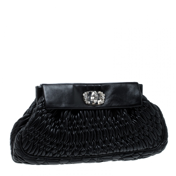 Pre Owned Miu Miu Black Matelasse Leather Crystal Clutch