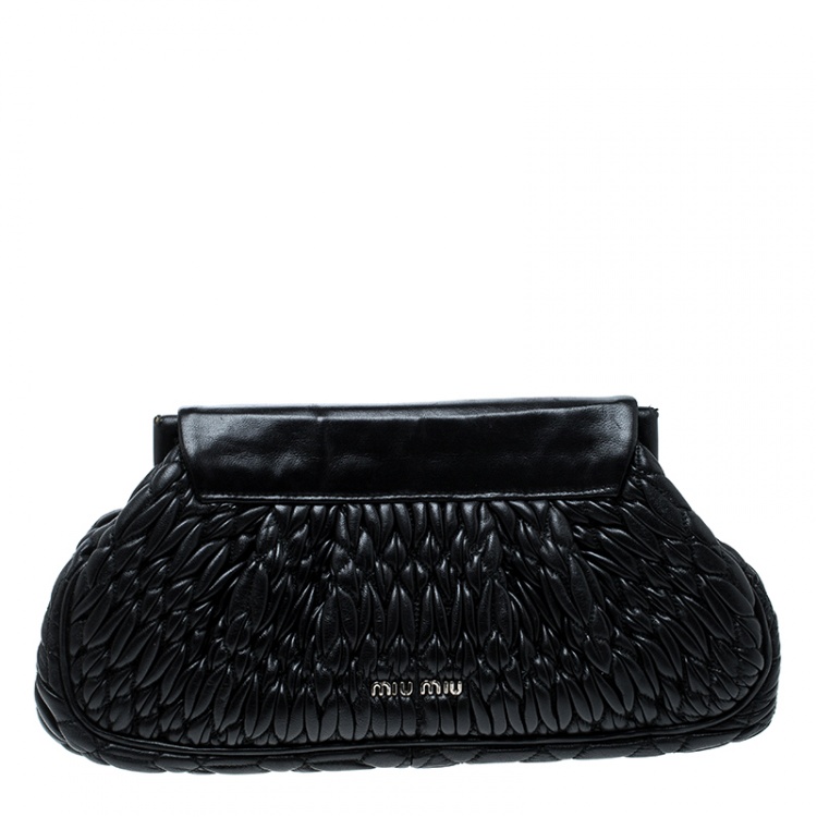Pre Owned Miu Miu Black Matelasse Leather Crystal Clutch