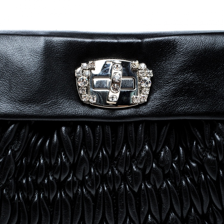 Pre Owned Miu Miu Black Matelasse Leather Crystal Clutch