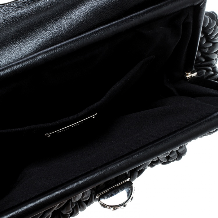 Pre Owned Miu Miu Black Matelasse Leather Crystal Clutch
