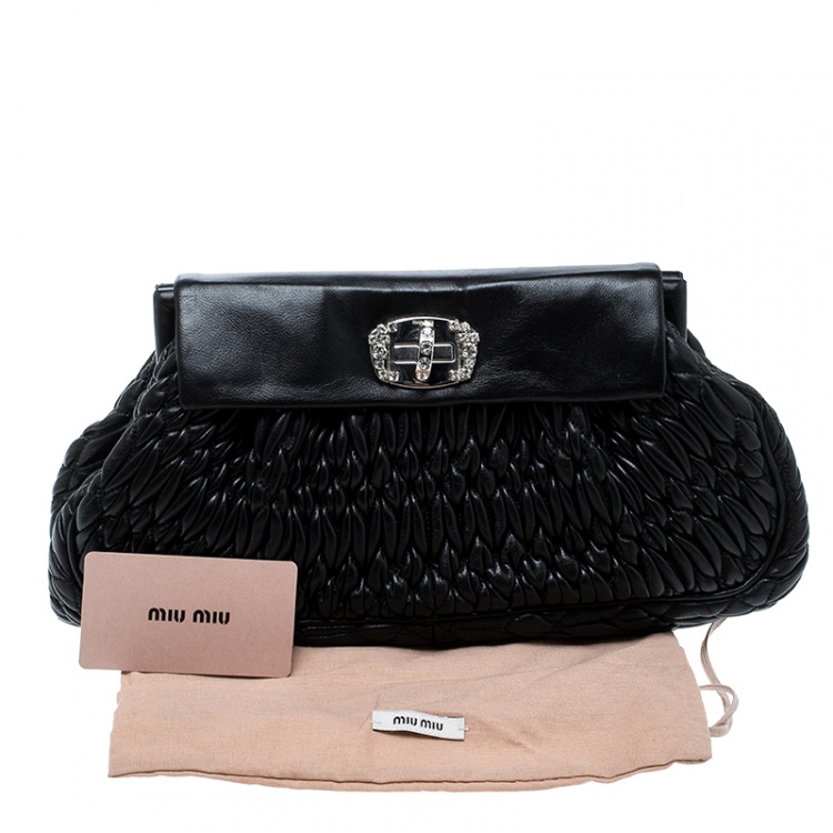 Pre Owned Miu Miu Black Matelasse Leather Crystal Clutch