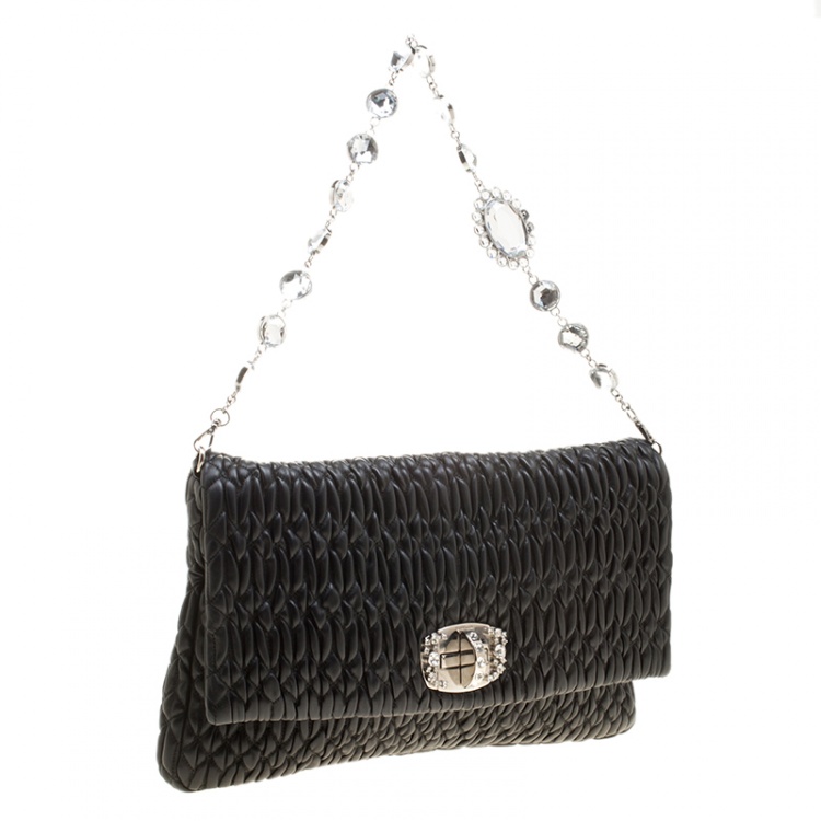 Pre Owned Miu Miu Black Matelassé Leather Crystal Flap Shoulder Bag