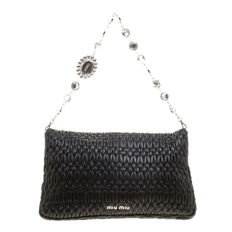 Pre Owned Miu Miu Black Matelassé Leather Crystal Flap Shoulder Bag