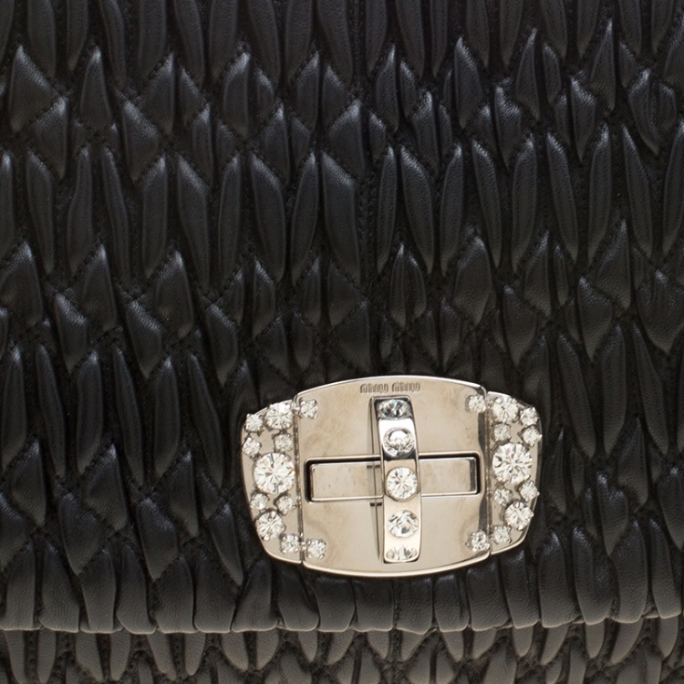 Pre Owned Miu Miu Black Matelassé Leather Crystal Flap Shoulder Bag
