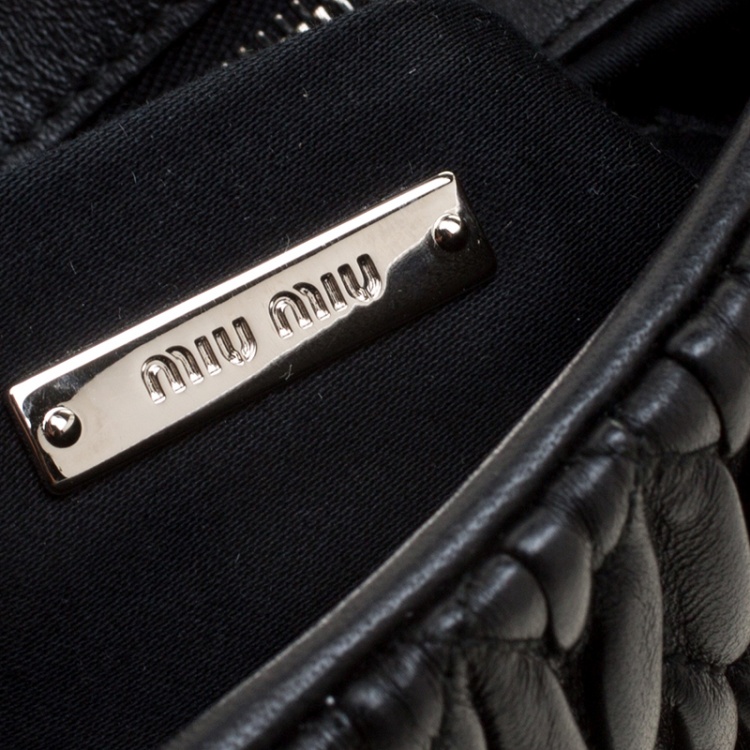Pre Owned Miu Miu Black Matelassé Leather Crystal Flap Shoulder Bag