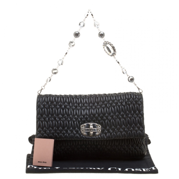Pre Owned Miu Miu Black Matelassé Leather Crystal Flap Shoulder Bag