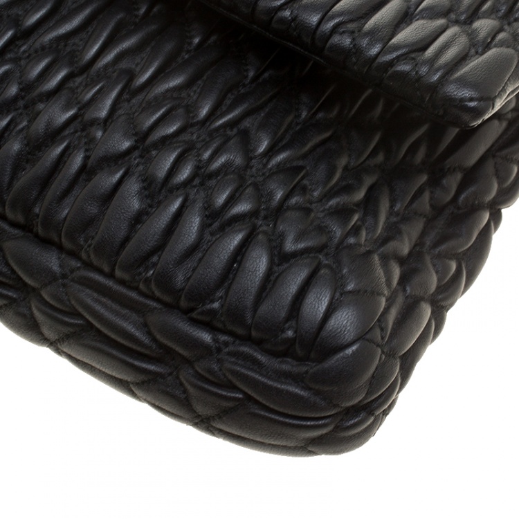 Pre Owned Miu Miu Black Matelassé Leather Crystal Flap Shoulder Bag