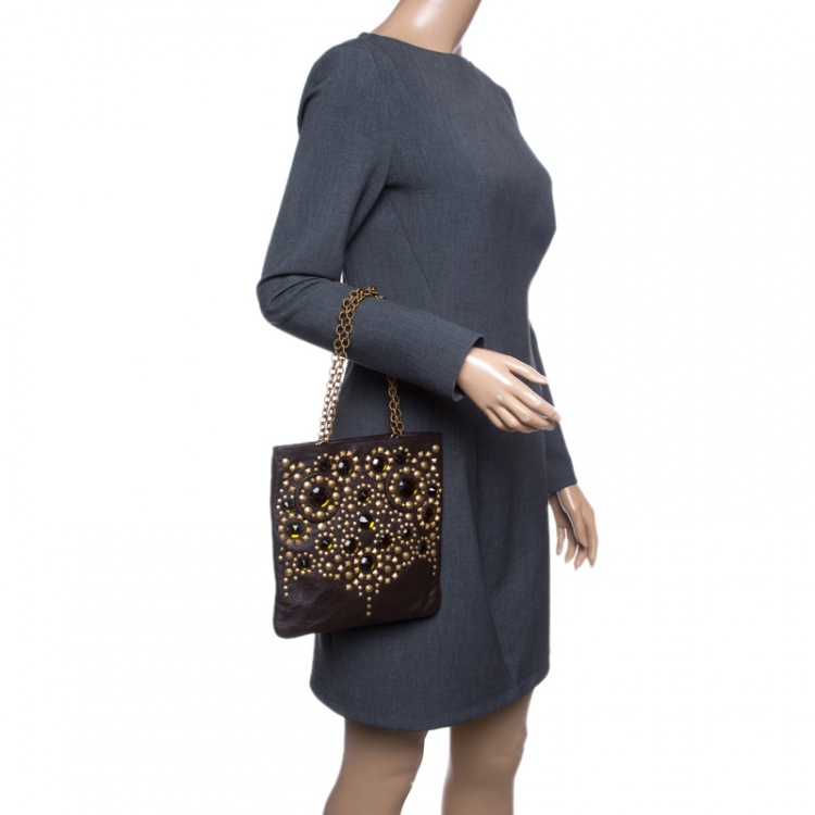 Pre Owned Miu Miu Brown Leather Crystal/Metal Embellished Tote 