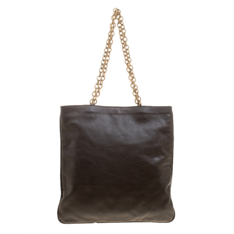 Pre Owned Miu Miu Brown Leather Crystal/Metal Embellished Tote 