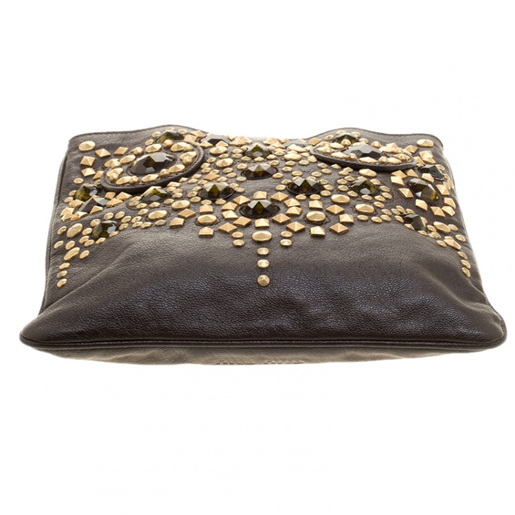 Pre Owned Miu Miu Brown Leather Crystal/Metal Embellished Tote 