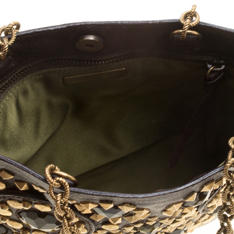 Pre Owned Miu Miu Brown Leather Crystal/Metal Embellished Tote 