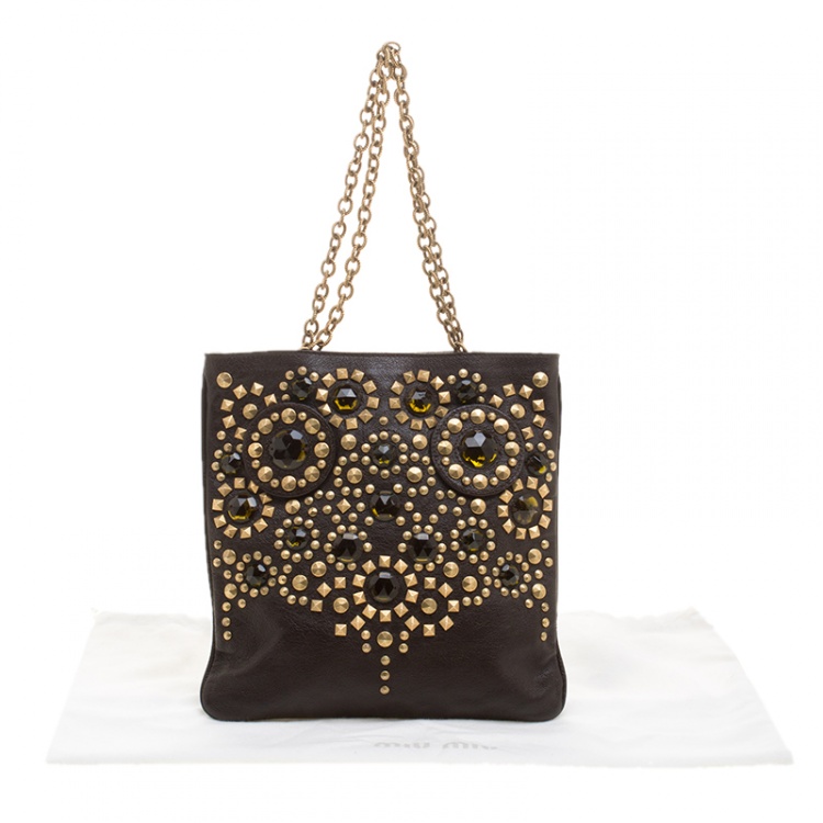 Pre Owned Miu Miu Brown Leather Crystal/Metal Embellished Tote 