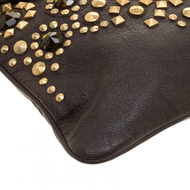 Pre Owned Miu Miu Brown Leather Crystal/Metal Embellished Tote 