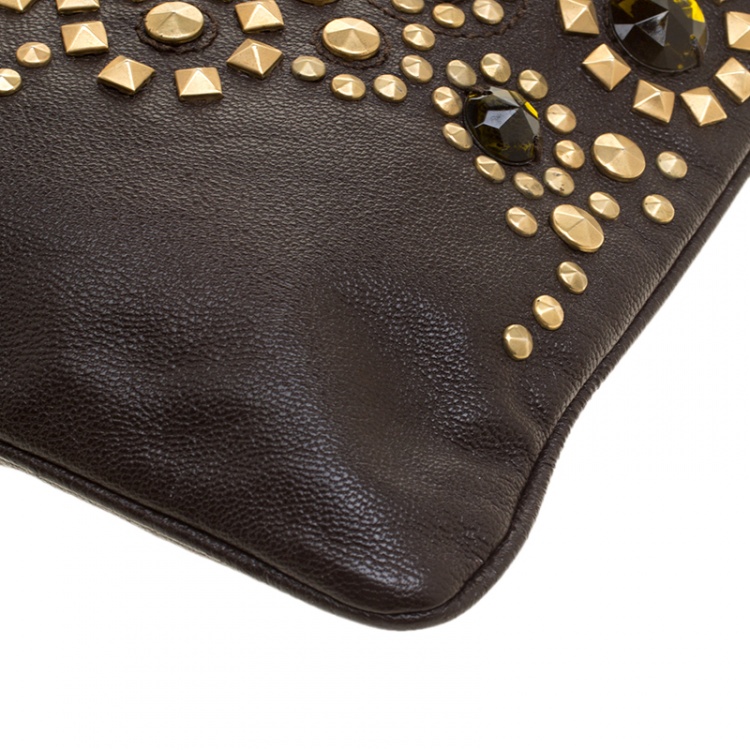 Pre Owned Miu Miu Brown Leather Crystal/Metal Embellished Tote 