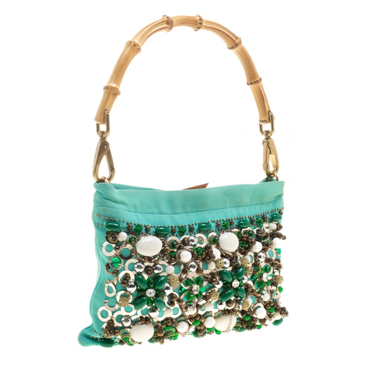 Pre Owned Miu Miu Green Sequin and Beads Bamboo Handle Bag