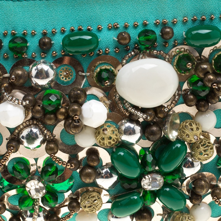 Pre Owned Miu Miu Green Sequin and Beads Bamboo Handle Bag
