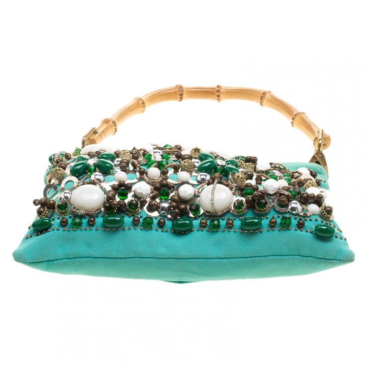 Pre Owned Miu Miu Green Sequin and Beads Bamboo Handle Bag