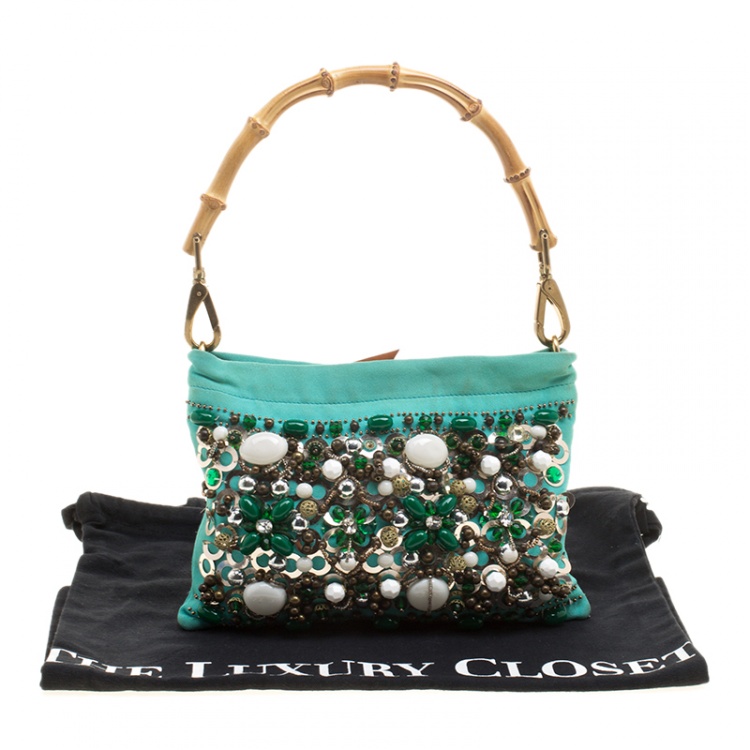 Pre Owned Miu Miu Green Sequin and Beads Bamboo Handle Bag