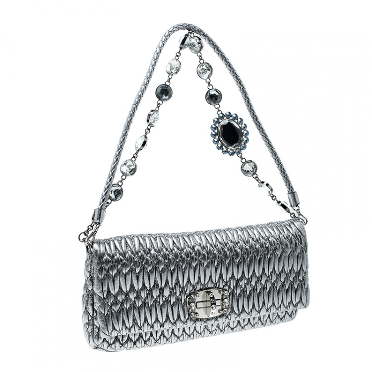 Pre Owned Miu Miu Silver Matelassé Leather Crystal Flap Shoulder Bag