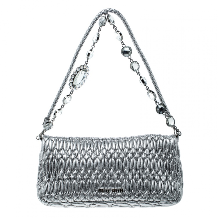 Pre Owned Miu Miu Silver Matelassé Leather Crystal Flap Shoulder Bag