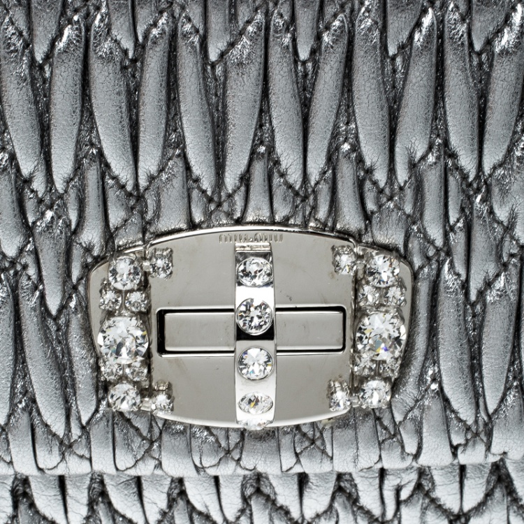 Pre Owned Miu Miu Silver Matelassé Leather Crystal Flap Shoulder Bag