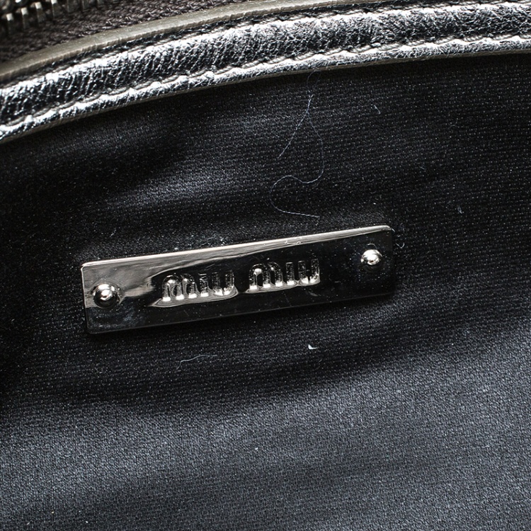 Pre Owned Miu Miu Silver Matelassé Leather Crystal Flap Shoulder Bag