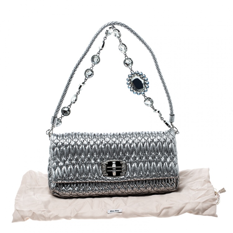Pre Owned Miu Miu Silver Matelassé Leather Crystal Flap Shoulder Bag