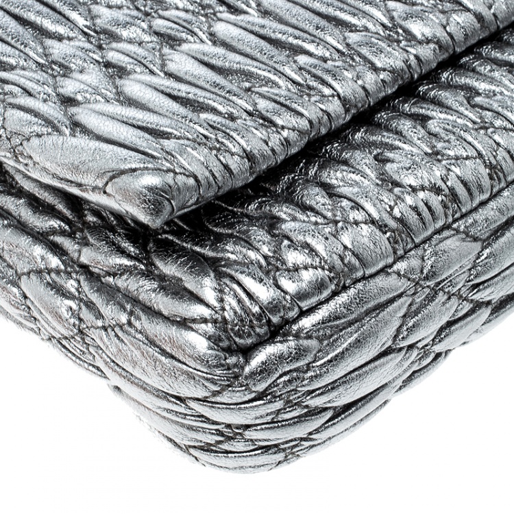 Pre Owned Miu Miu Silver Matelassé Leather Crystal Flap Shoulder Bag