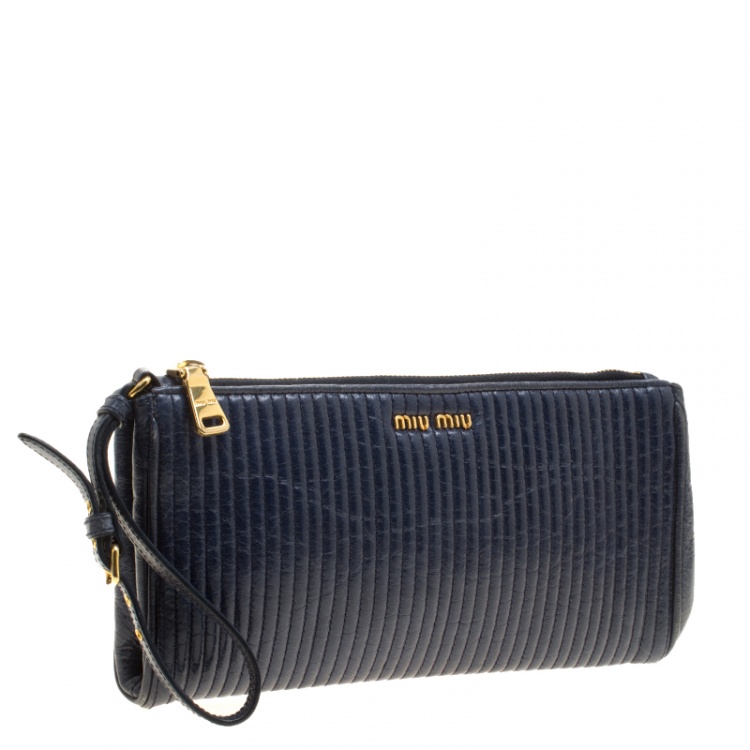 Pre Owned Miu Miu Blue Matelasse Leather Wristlet Clutch