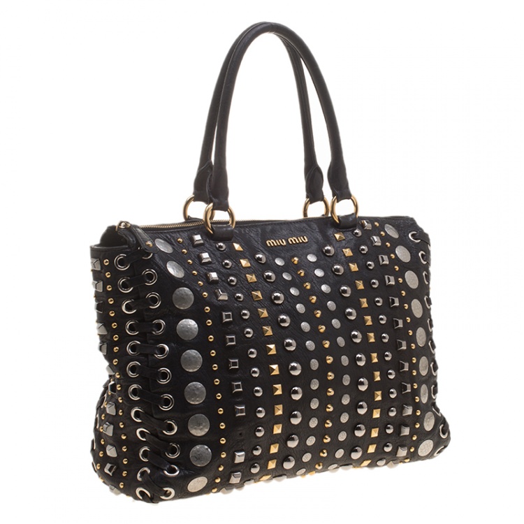 Pre Owned Miu Miu Black Leather Studded Monk Bag
