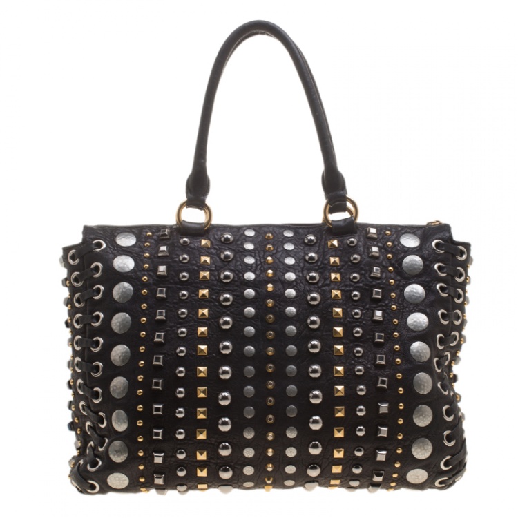 Pre Owned Miu Miu Black Leather Studded Monk Bag