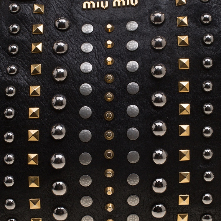 Pre Owned Miu Miu Black Leather Studded Monk Bag
