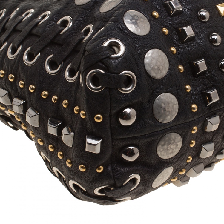 Pre Owned Miu Miu Black Leather Studded Monk Bag