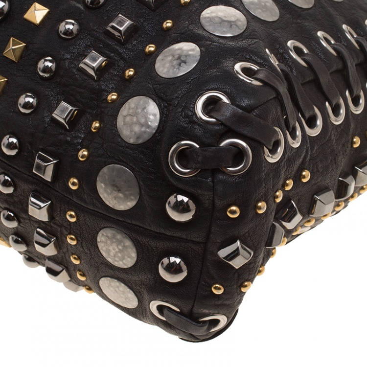 Pre Owned Miu Miu Black Leather Studded Monk Bag