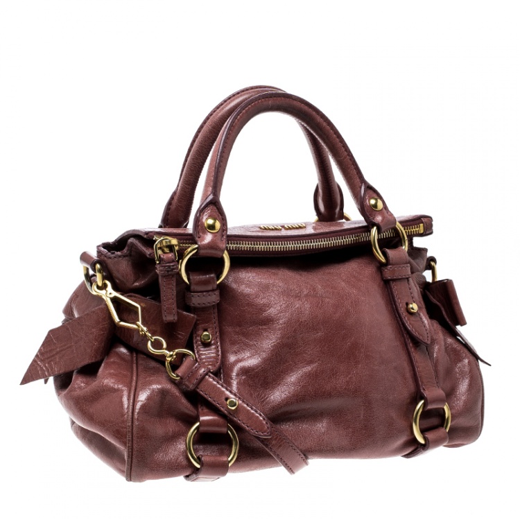 Pre Owned Miu Miu Burgundy Vitello Lux Leather Bow Top Handle Bag