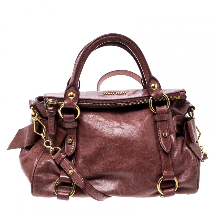 Pre Owned Miu Miu Burgundy Vitello Lux Leather Bow Top Handle Bag