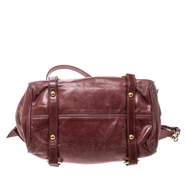 Pre Owned Miu Miu Burgundy Vitello Lux Leather Bow Top Handle Bag
