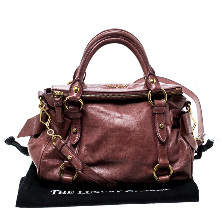 Pre Owned Miu Miu Burgundy Vitello Lux Leather Bow Top Handle Bag