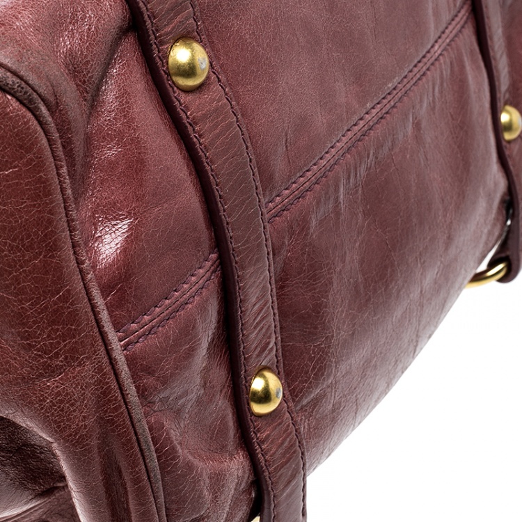 Pre Owned Miu Miu Burgundy Vitello Lux Leather Bow Top Handle Bag