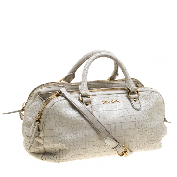 Pre Owned Miu Miu White Croc Embossed Patent Leather Bowling Bag