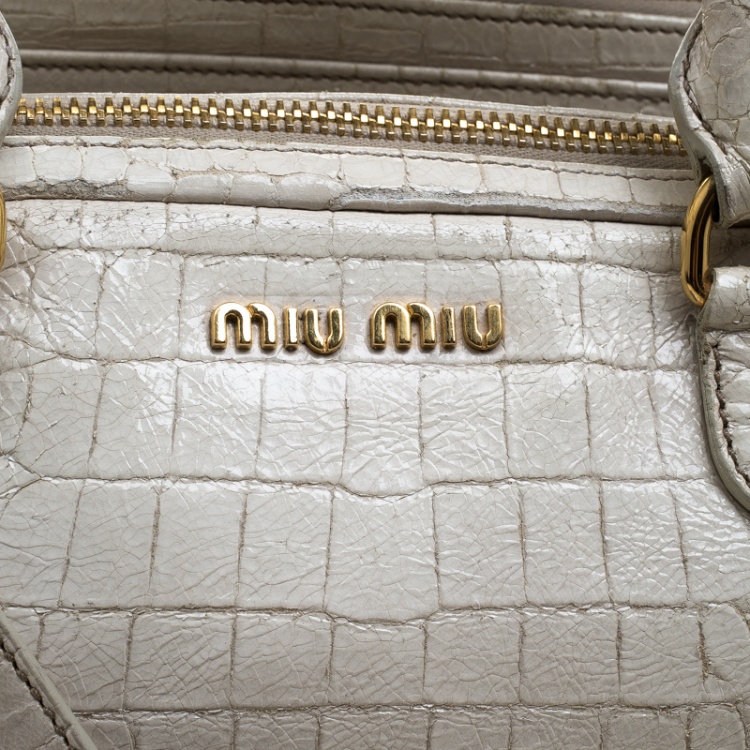 Pre Owned Miu Miu White Croc Embossed Patent Leather Bowling Bag