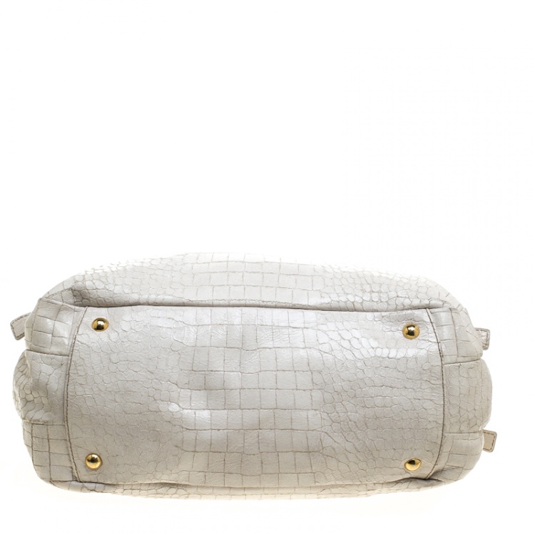 Pre Owned Miu Miu White Croc Embossed Patent Leather Bowling Bag