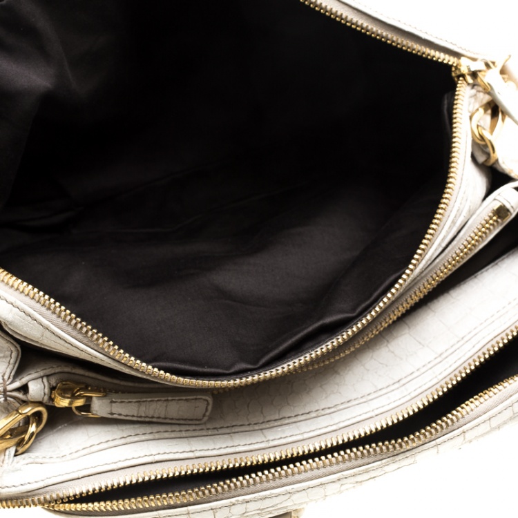 Pre Owned Miu Miu White Croc Embossed Patent Leather Bowling Bag